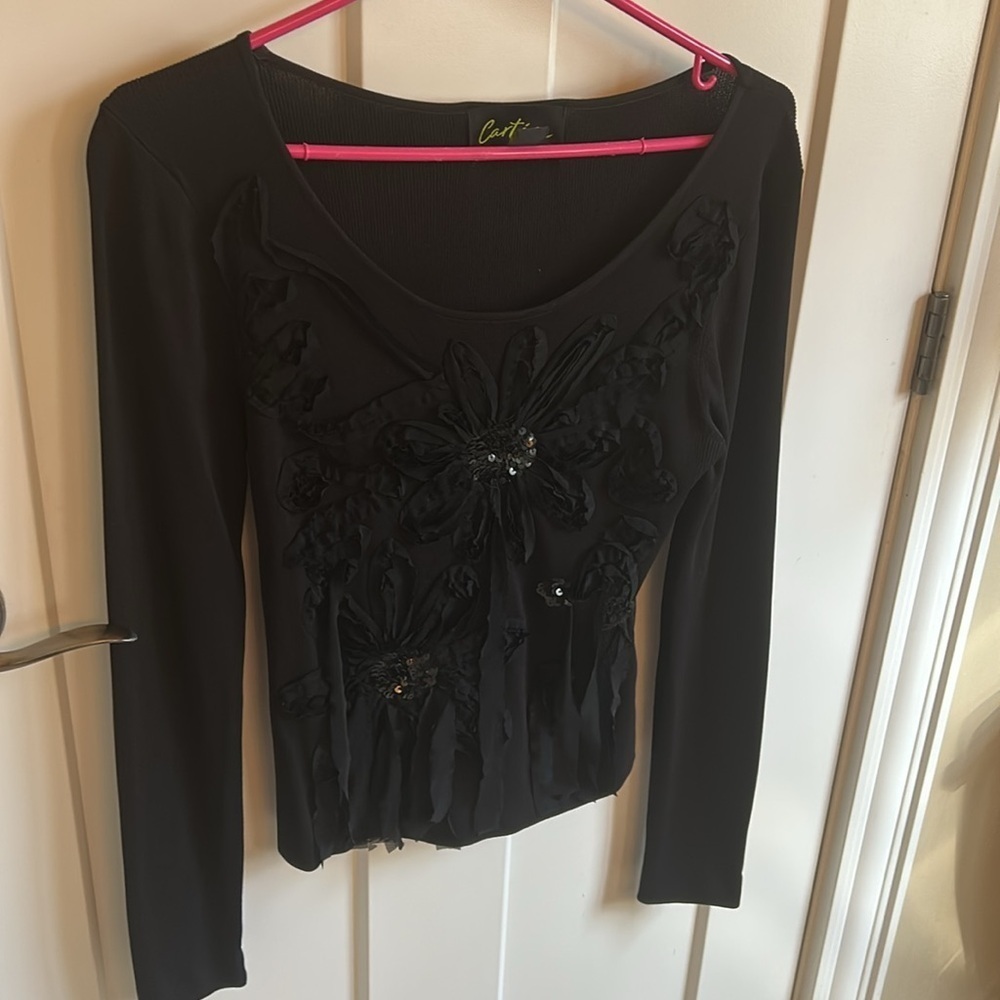 Cartise Statement Black Embellished Floral Sequin Fitted Long Sleeve Top, size M